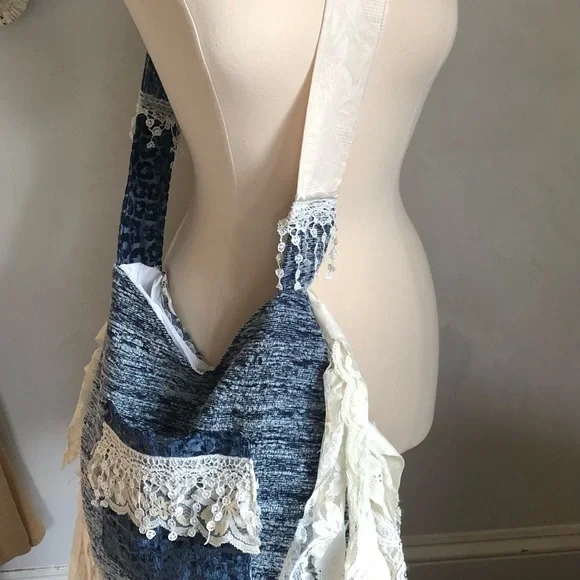 Bohemian Blue Animal Print Cross body Bag w/white lace,ribbon & blue aventurine